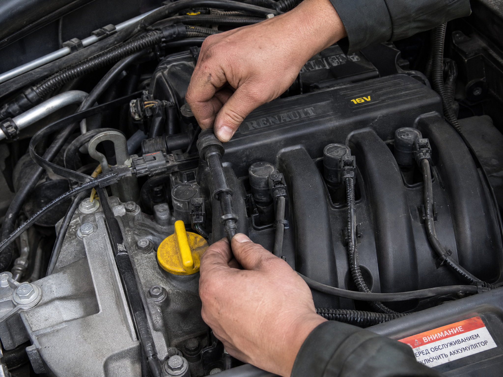 Процесс замены высоковольтных проводов на Renault Logan в моторном отсеке
