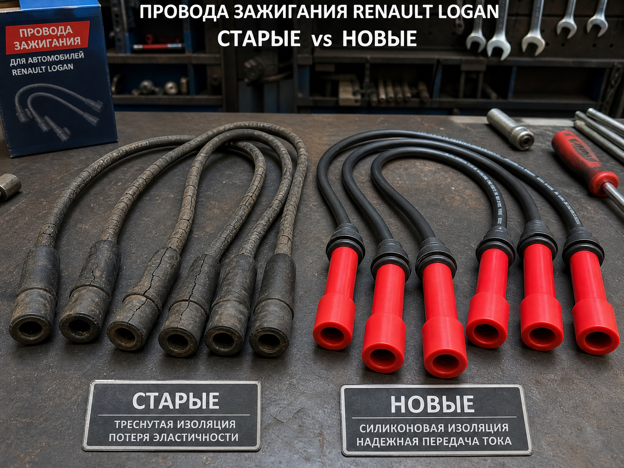 Сравнение старых изношенных и новых силиконовых ВВ-проводов для Renault Logan